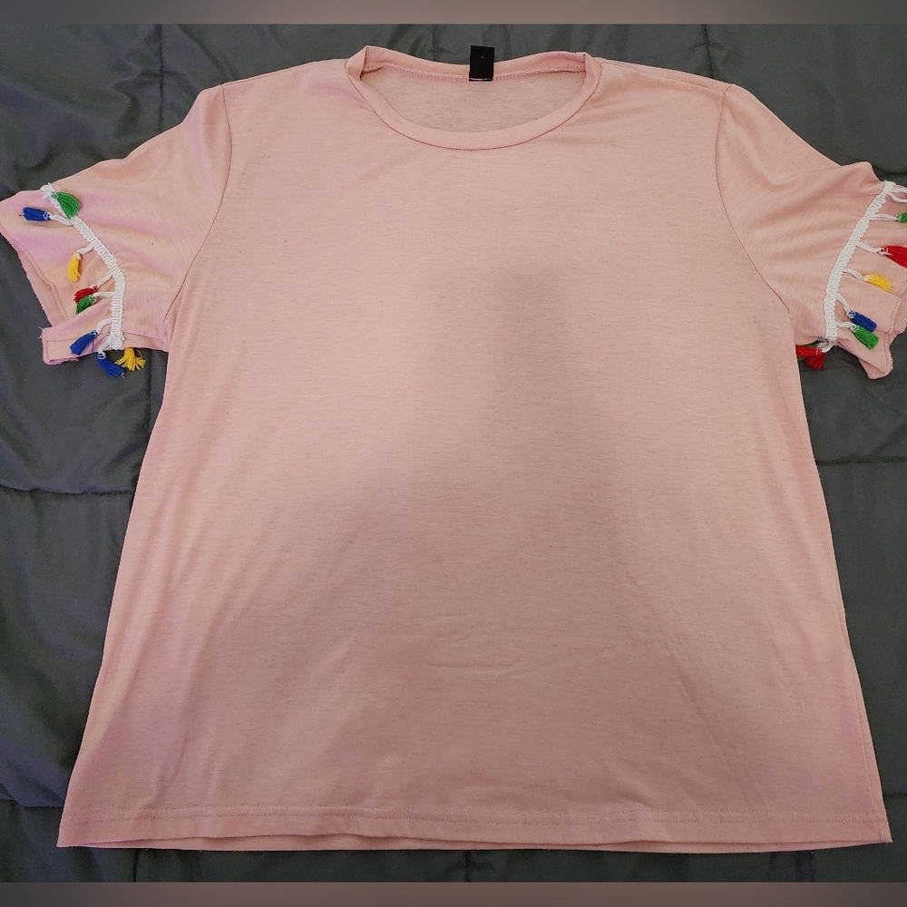 Women's Pink Tee with Tassel Sleeves (Size Large)